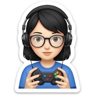 
gamer, black hair girl with glasses, headphone, gamepad sticker