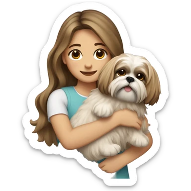 a girl with long, wavy brunette hair hugging a Shih Tzu with blonde fur and a cute bow sticker
