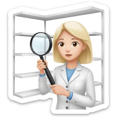 emoji of white empty shelf in perspective view with a standing woman nearby, she is looking at the shelfs with a magnifying glass, she is turned to the shelfs sticker
