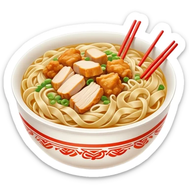 Xinjiang Big Plate Chicken Noodles with wide hand-pulled noodles and chicken chunks, simplified emoji style with bold outlines and bright colors, cartoon style Da Pan Ji with noodles sticker