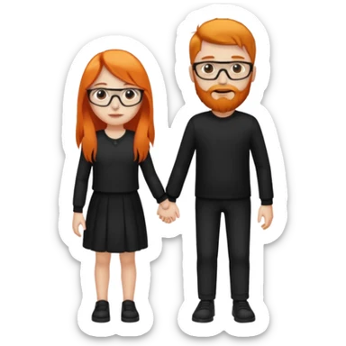 girl with long orange hair wearing no glasses and all black clothes and holding hands with boy with dark hair and beard and glasses and pale skin sticker