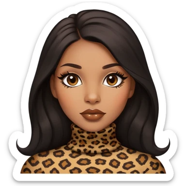 light brown skin tone, very beautiful woman, with big plump lips, long long lashes, black straight long hair, brown eyes, leopard turtle neck sticker