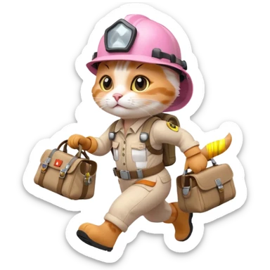 A cute white and pink cat dressed as engineer with a helmet running fast with smoke under her feets carrying her bag sticker