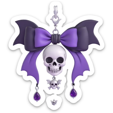 gothic bow with deep amethyst velvet, silver skull charm, black rose center, and dangling bat charm, rich and gothic sticker