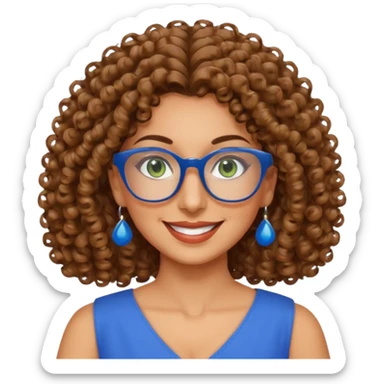 40 yr old Iranian woman, light brown very curly thick hair, shoulder length hair, green eyes, tan skin, big smile, big glasses, with pretty blue dress sticker