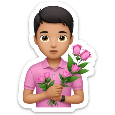 generate a pretty bratz boy wearing a pink polo shirt. Black middle part hair. handsome carrying flowers sticker