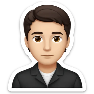 He’s a man with light to medium skin, a defined oval face, full brows, deep-set eyes, and wavy short dark brown hair styled with height, sides are trimmed. expression calm and focused relaxed black open-collar .polished, articulate, and trainer vibe. sticker