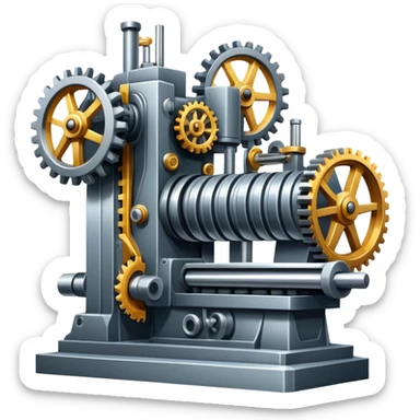 An icon featuring a giant machine tool in a factory workshop, symbolizing mechanical engineering. The design includes gears, levers, and mechanical components, representing the design and manufacturing of machinery. Transparent background highlights the precision sticker