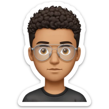 Young Latino with big forehead, metal-framed aviator glasses, very short curly dark hair on top with shaved sides, neutral expression, brown skin, black t-shirt sticker