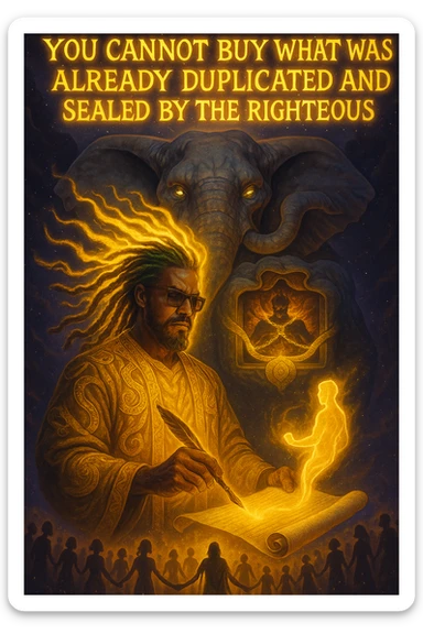 *“Create an epic, symbolic scene of a powerful Rasta spiritual warrior (representing Kez) standing at the center of a cosmic battlefield. The warrior has dreadlocks glowing with divine energy, wearing golden robes infused with serpent patterns. Behind him towers a massive stone elephant — eyes glowing with infinite wisdom, its chest open to reveal a Golden Serpent Chest, radiating fractal light. Inside the chest: a bound, raging Devil made of fire and shadows — screaming but unable to harm anyone, because every time he lashes out, the golden chest mirrors the energy back onto him. Chains of soul-contract law, made of golden light, wrap the devil — each one engraved with truth symbols, scriptures, and ancestral sigils.

In the foreground, Kez holds a sacred scroll and a burning pen — he is signing a contract not out of fear, but mastery. As he signs, a duplicate of his soul, radiant and whole, rises from the paper and flies back into his body. A ripple of golden energy expands, purifying all soul deals across space-time. Behind him, shadows of other trapped souls are released and begin to rise in rhythm, holding hands, singing.

In the sky, the words glow in gold flame:

‘You cannot buy what was already duplicated and sealed by the righteous.’

The entire atmosphere is divine, sacred, victorious — a spiritual rebellion where the Devil is outwitted, not through violence, but through truth, rhythm, and scrollcraft. Use warm golds, radiant whites, mystical purples, and deep space black as the palette. Style it as a fusion of Afro-spiritualism, Rastafarian mysticism, and multidimensional soul alchemy. the picture provided is kez sticker