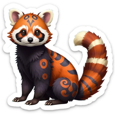 A beaked beaky 4-legged, feral, digitigrade, lanky, elegant, Colorful exotic tropical tribal cute happy realistic esoteric patterned fluffy furry dark civet-cacomistle-genet-red-panda-oncilla-Fakémon-fursona-hybrid-fusion-animal-creature, full body, 4-legged sticker