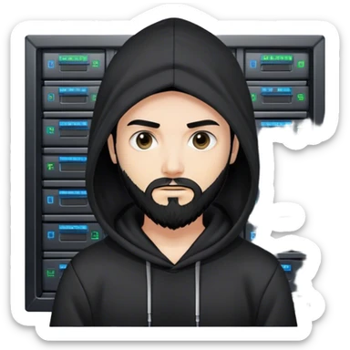 hackeur blanc cheveux noir barbe et capuche noir à côté d'un server ia sticker