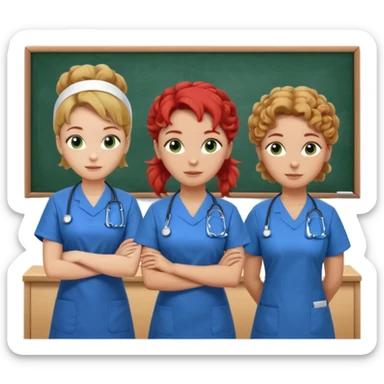 3 nurses: nurse 1 is wearing green work clothes, curly hair, middle european. nurse 2 is wearing blue work clothes, blond straight hair, scandinavic, nurse 3 is wearing white work clothes, red hair put into a bun, slavic. they all stand in a classroom, "Academy" written in white on board sticker
