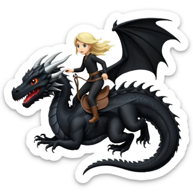 Extreme huge black dragon flying with a small female rider on top of it with black clothes sticker