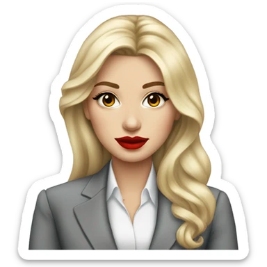 Russian Blonde long hair with big red lips small nose and black eyes Tiffany diamond seller in a grey suit sticker