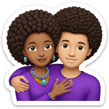 Tan male with short brown hair, smiling and hugging, black African girl with Afro in purple clothes with blue jewelry sticker