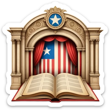 Vintage open book centered on elaborate theater scenography sketches, technical drawings of stage elements, set models on parchment pages, Puerto Rican flag elements throughout the designs sticker