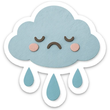 kawaii rain cloud, soft blue raindrops, sad face, soft pastel colors, no limbs, full body, paper craft style sticker