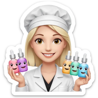 A smiling beautician with cold fake smile, calculating eyes, pointing at your cheek while holding 5 expensive serum bottle. predatory vibe.A face with a fake sweet smile, but the face is slowly consumed by shadows creeping from below. calculating eyes are visible in the dark sticker