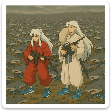 Inuyasha and sesshomaru take m16a4 vs 1 million shark They wear shoes blue Nike and all sharks They wear shoes Nike die sticker