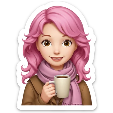 a girl with pink wavy hair, having scarf,  drink coffee, enjoy sticker