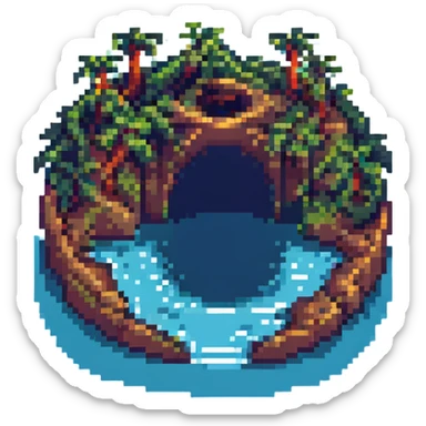 an island with a large hole or arch through it, surrounded by water, pixel art style sticker
