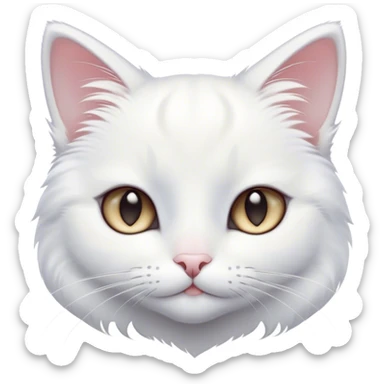 Cinematic Cute White Cat Portrait Emoji, Head tilted with a soft, gentle smile and sparkling eyes, featuring a silky, pristine white fur with subtle silver highlights, simplified yet irresistibly adorable, highly detailed, glowing with a warm, snowy glow, high shine, radiating affectionate charm and tender grace, styled with a light, playful outline, capturing the essence of a cute white cat that looks as if it could melt your heart with a single blink! sticker