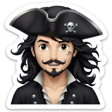 A charismatic pirate with wavy black hair tousled by the breeze. His silver-embroidered tricorn hat casts a shadow. Dark eyes glint with mischief as he looks to the side, a knowing smile on his lips. His black coat, adorned with silver buttons, shifts with the wind sticker