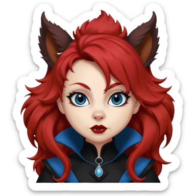  long super curly blood red hair (darker), red pointed squirrel ears with black trim, black goth outfits, body and face human, blue eyes, more pointy chin, black lipstick, one big fluffy red squirrel tail with black tips, close her mouth, less evil looking sticker