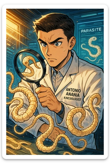 A dynamic manga/webtoon-style illustration of a young male kinesiologist wearing a clean white lab coat, analyzing light beige worms like a tapeworm under a magnifying glass. His expression is focused and slightly intrigued, with sharp, detailed eyes. The art style is vibrant, with bold linework, rich colors, and dramatic lighting. The background is a futuristic laboratory with glowing holographic screens displaying parasite data. The tapeworm is intricately drawn, slimy and segmented, with a slightly exaggerated yet realistic texture. The composition is dynamic, with motion lines or energy effects to emphasize his scientific investigation. The atmosphere is intense but not dark, keeping a balance between scientific seriousness and stylish manga aesthetics, he has "ANTONIO ANANIA" WRITTEN ON WHITE LAB COAT sticker