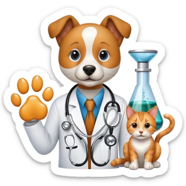 An icon featuring a stethoscope, a microscope, and an animal paw print, symbolizing veterinary science. The design includes a dog and a cat in the background, representing animal health research, diagnostics, and treatments. Transparent background highlights the scientific study of animal care. sticker