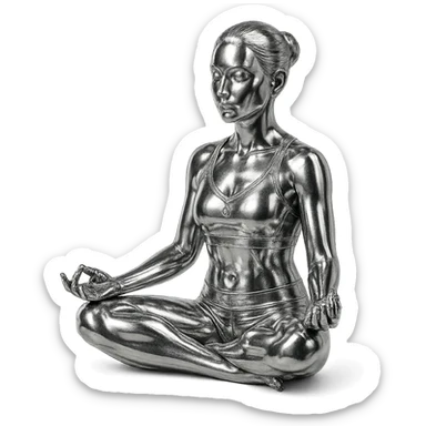 chrome style figure of a woman sitting in the lotus position, meditating, highly reflective and metallic sticker