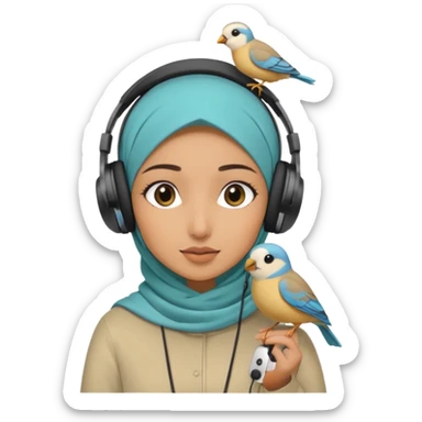 A hijabi girl with a medium skin tone wearing headphones with a small birdie on her head sticker
