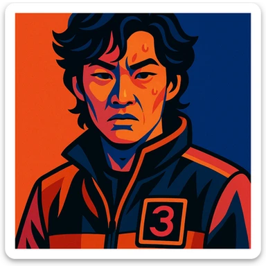 Third Squid Game Season 2 character, individual portrait, vibrant style, detailed face, unique outfit, dramatic lighting sticker