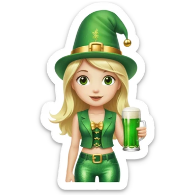 Blonde haired girl in glittery green bell bottoms and tall leprechaun hat holding a green beer sticker