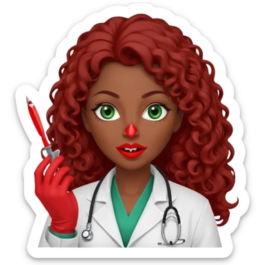Lilith symbol sexy evil woman. She has green eyes.  had brown long curly hair.  evil surgeon kills with scalpel wears red sexy doctor coat with red mouth cover red gloves. Covers nose, neck  and mouth with Muslim red berka sticker