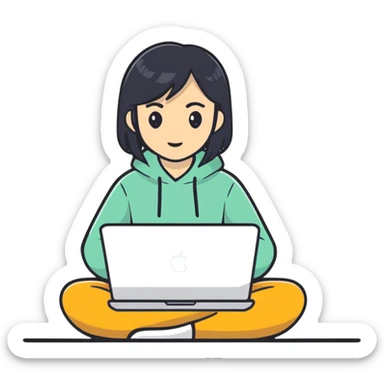 Asian girl with black hair sitting and watching a MacBook laptop sticker