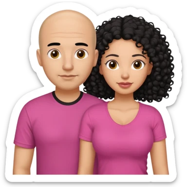 A picture if a couple. the man is a Mexican man with  black hair, a bald hair cut and with a black t-shirt on. the woman is mixed with black and white, with brown curly long hair and a pink shirt on and big boobs sticker