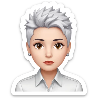 Marian Pabón with elegant facial features, light rosy complexion, expressive eyes, medium well-defined lips, sophisticated pronounced cheekbones, short spiky silver hair styled like a men's cut, dressed in a crisp white button-up shirt sticker