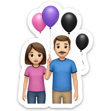Mom in pink shirt dad in blue shirt holding black baloon happy 1 baloon sticker