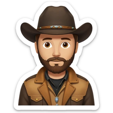 yellowstone ranch cowboy with brown beard, black cowboy hat, black t-shirt, leather tan jacket sticker