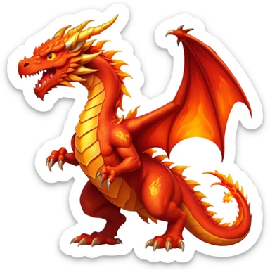 cinematic-noble-fierce-fire-dragon-full body-emoji,-poised-and-imposing,-with-a-muscular,-scaled-body-ablaze-in-fiery-hues-of-crimson,-molten-orange,-and-molten-gold,-and-intense,-burning-eyes-that-mirror-the-heart-of-a-volcano;-rendered in detail sticker