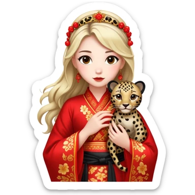 A beautiful girl in red Hanfu wedding dress is holding a black leopard sticker