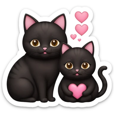 two fat cute black cats love, closed mouth, black ears, pink heart sticker