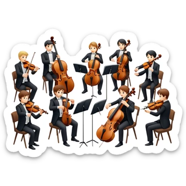 Icon for Classical Music: chamber orchestra with 4-5 musicians playing string instruments (violins, violas, cellos) and a conductor leading the ensemble. The intimate, refined atmosphere. Transparent background. sticker