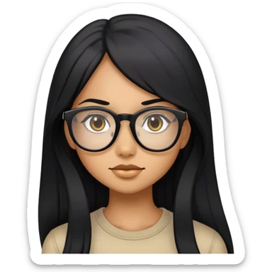A girl with long black hair, black glasses, tan skin tone sticker