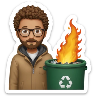 curly skinny guy with bear and glasses, heating in front of a trash bin on fire  sticker
