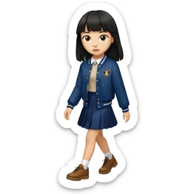 hair : black long hair with fringe 
skin : light 
cloth : deep brown varsity jacket + navy long long school girl skirt 
motion : walking 


 sticker