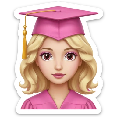 Blonde with wavy hair, a pink graduation cap, white skin and brown eyes with pink makeup  sticker