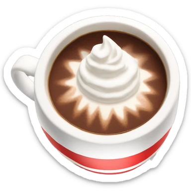Cup of hot coco in a red and white diagonal striped mug with whipped cream on top sticker